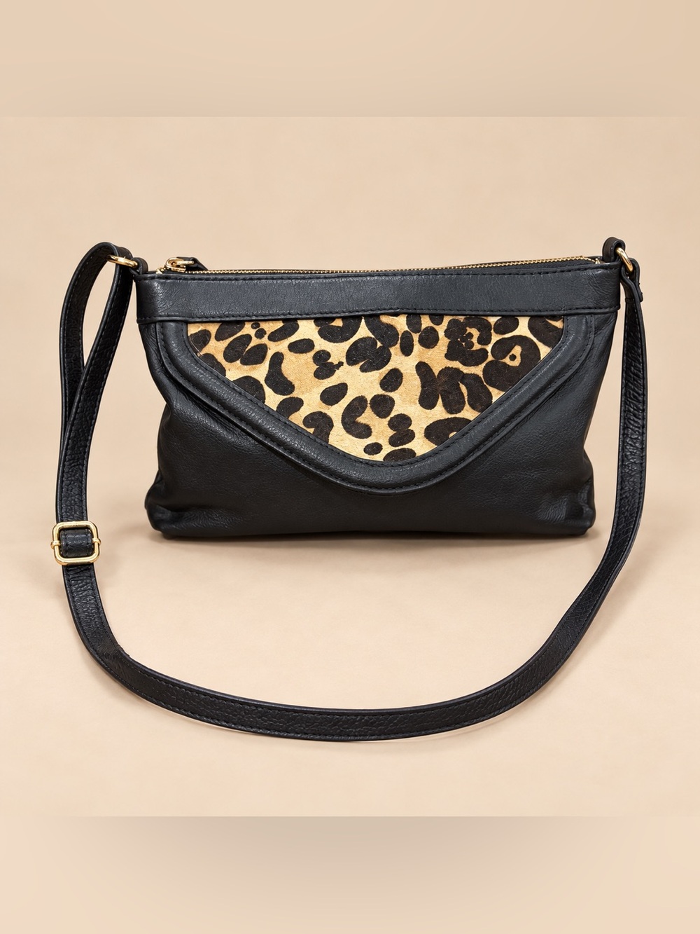 Black Leather Crossbody with Leopard Accent